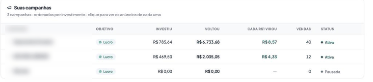 Suas campanhas: quanto investiu, quanto voltou, retorno por real e status de cada campanha